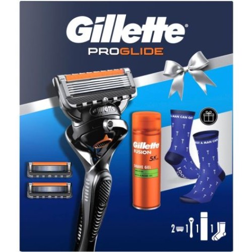 GILLETTE ESTUCHE FUSION PROGLIDE MAQ.+2 CARG+GEL200ML+CALCETINES
 ESTUCHES CABALLERO